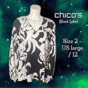 Chico's Black Label Women's Black and White Floral Blouse Size 2 (US 12 / Large)
